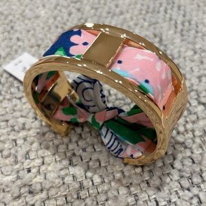 Lilly Pulitzer Gold Cuff Bracelet with Inserted Floral Pink Scarf Bracelet